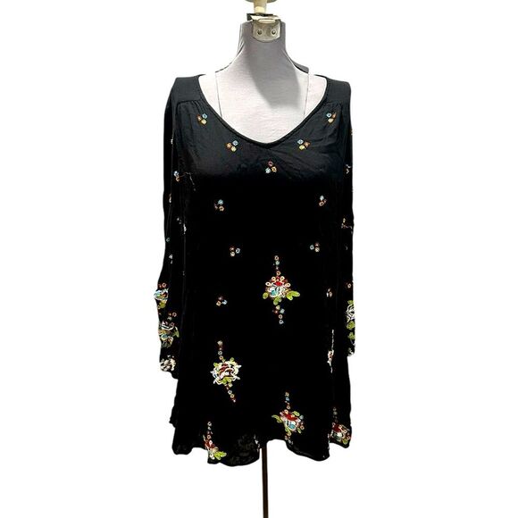 Free People Oxford Embroidered Floral Black Mini Swing Dress Oversized Sz Large - Picture 2 of 8